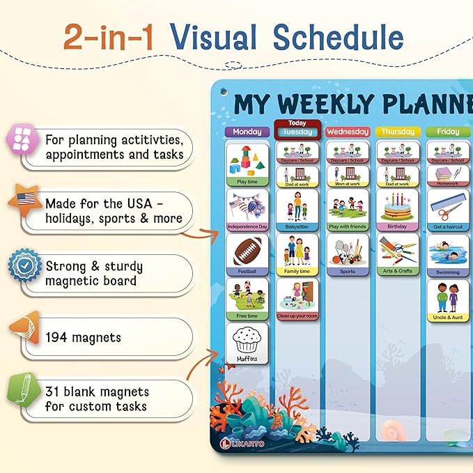 Visual Schedule for Kids - 2-in-1 Weekly + Daily Schedule - Magnetic Schedule with 194 Magnets and Magnetic Backing - Chore Chart Kids - Routine Chart for Toddlers, Autism, ADHD - Blue