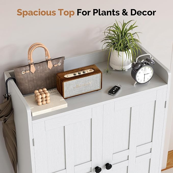 Entryway Shoe Cabinet with Doors, 6-Tier Farmhouse Shoe Storage Organizer with Adjustable Shelves Holds 18-26 Pairs and Metal Legs, Entry Organizer Entryway, Living Room (White)