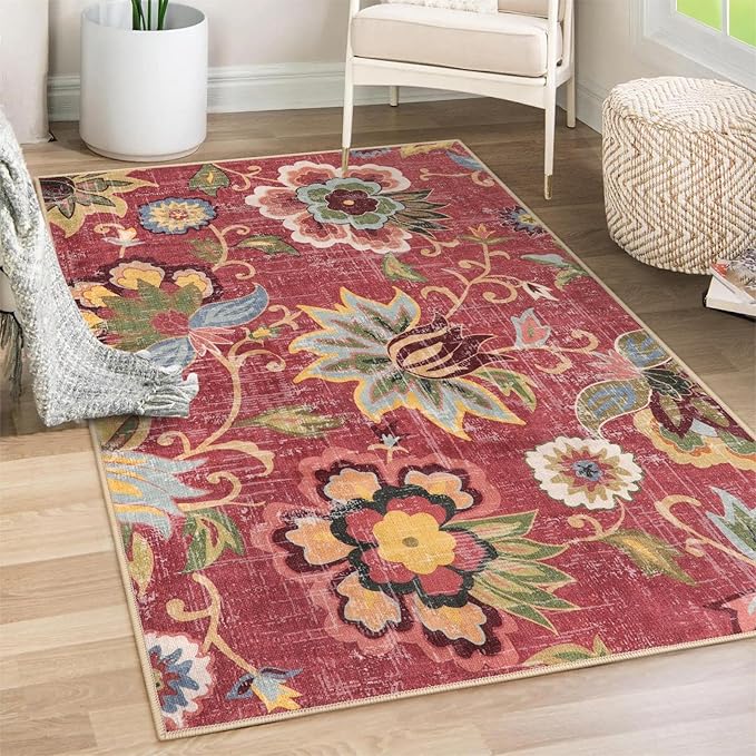 Beeiva Floral 4x6 Rug for Bedroom, Vintage Machine Washable Area Rugs, Ultra Thin Living Room Carpet Lightweight Red Paisley Print Carpet for Bedroom Entryway Bathroom Office Christmas