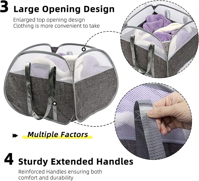 Collapsible Laundry Basket, 90L Foldable Pop-up Laundry Hamper with Reinforced Handles, Tear Proof Mesh Dirty Clothes Hamper for Laundry (Gray)