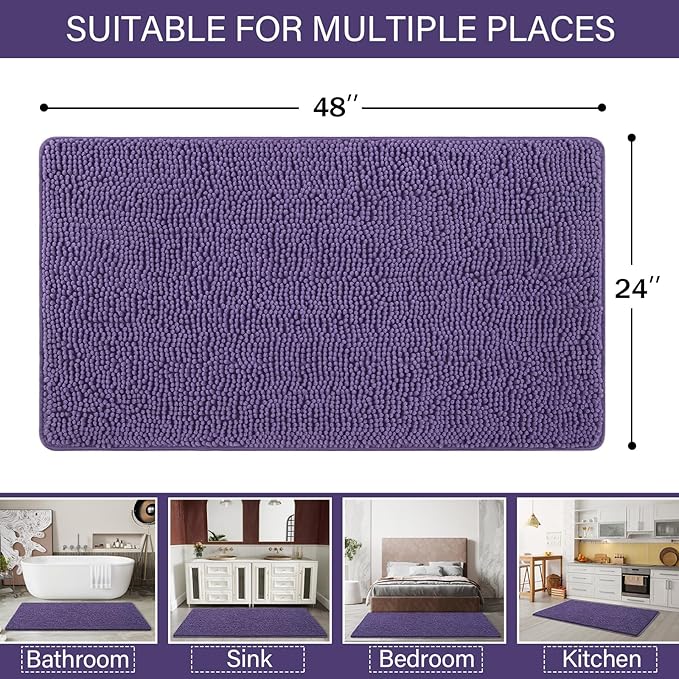 LOCHAS Luxury Bathroom Rug Shaggy Bath Mat 24 x 48 Inch, Washable Non Slip Bath Rugs for Bathroom Shower, Soft Plush Chenille Absorbent Carpets Mats, Dark Purple