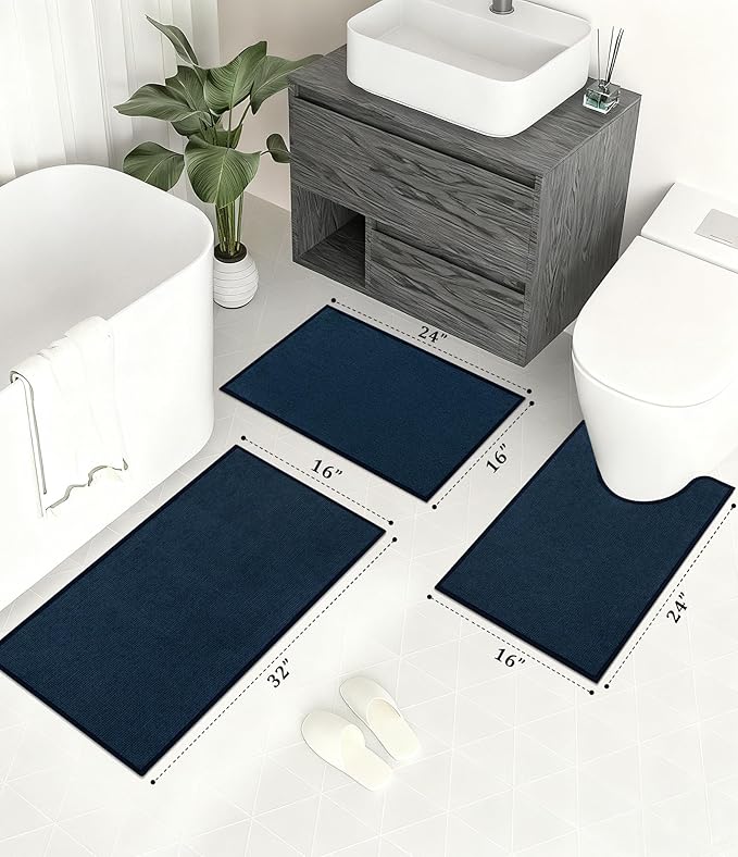 YIHOUSE Bathroom Rugs Mats Sets 3 Pieces, Ultra Thin Bath Mat Absorbent Non Slip Bath Rugs for Bathroom Washable, Shower, Sink, Laundry (Dark Blue, 3 Pieces)
