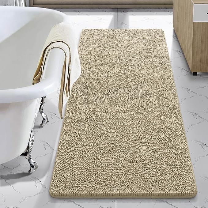 LOCHAS Luxury Bathroom Rug Shaggy Bath Mat 24 x 54 Inch, Washable Non Slip Bath Rugs for Bathroom Shower, Soft Plush Chenille Absorbent Carpets Mats, Beige
