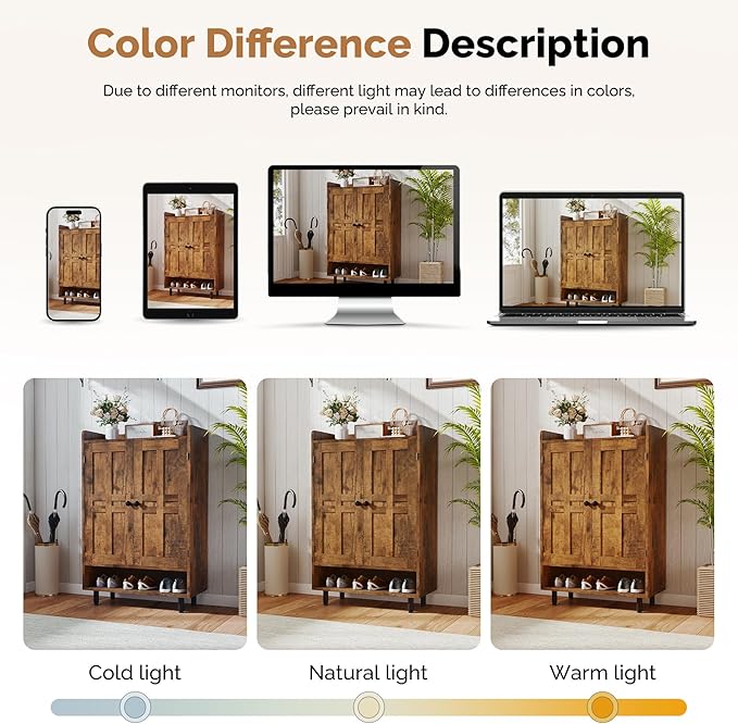 Entrance Shoe Cabinet with Doors,6-Tier Farmhouse Shoe Storage Organizer with Adjustable Shelves Holds 18-24 Pairs and Metal Legs, Entry Organizer Entryway, Living Room (Rustic Brwon)