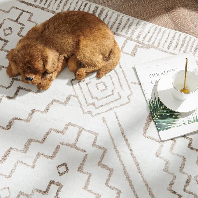 jinchan 3x5 Area Rugs for Entryway - Machine Washable Modern Rug Kitchen Soft Faux Wool Stain Resistant Non-Slip Ultra-Thin Low-Pile Geometric Carpet for Entrance Bedroom Living Room (3x5ft, Taupe)