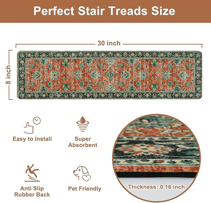 OJIA Vintage Stair Treads Non-Slip Stair Runners for Wooden Steps Indoor 15PCS 30"x8" Carpet Stair Treads Stair Mats Staircase Step Treads for Kids, Elders and Dogs, Stair Covers, Red