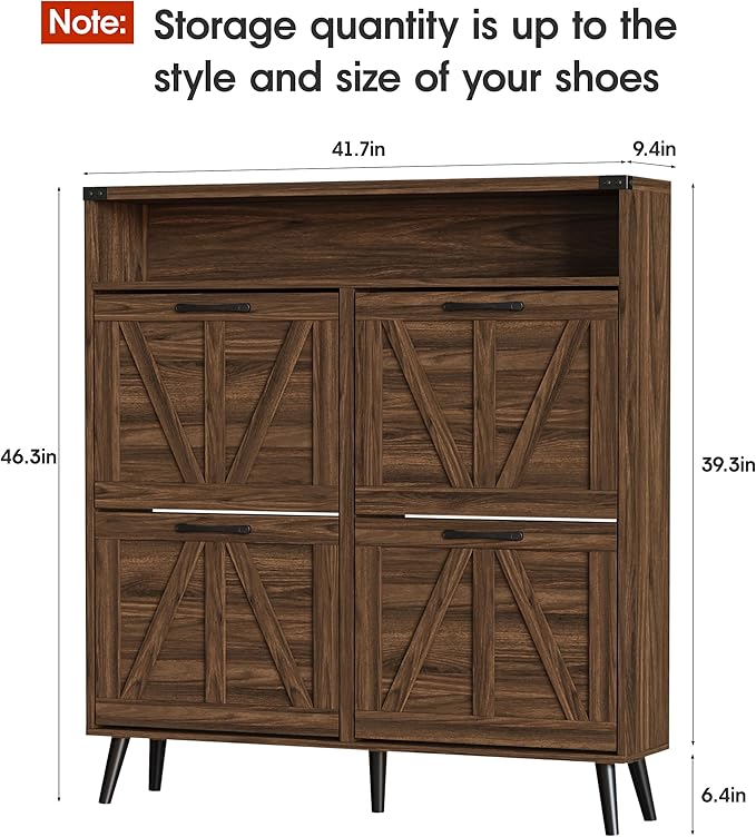 Shoe Cabinet with 4 Flip Drawers,Farmhouse Shoe Storage Cabinet for Entryway,Narrow Freestanding Organizer Rack with Open Shelves for Foyer,Hallway,Dark Walnut