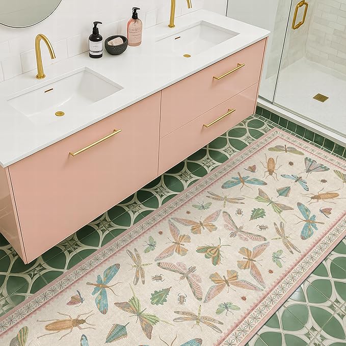 Boho Bathroom Runners - 2x5 Pink Rug for Kitchen, Entry Way, Hallway, Non Slip Washable Butterfly Insect Print Home Decor