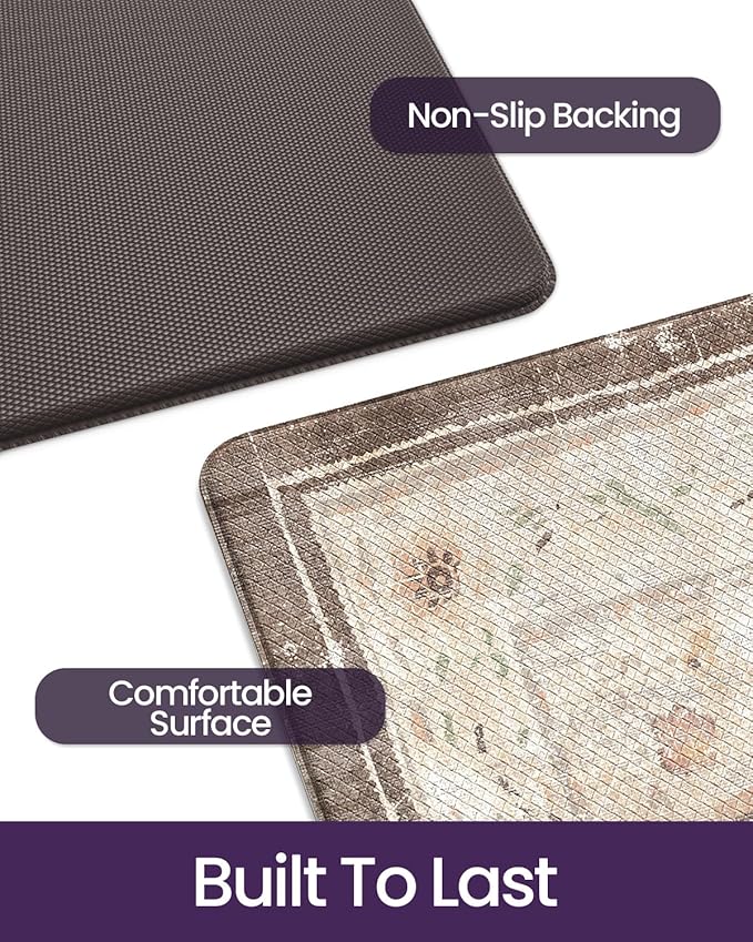 DEXI Kitchen Floor Mats Anti Fatigue, 23x59 Large Cushioned Vintage Runner Rug Waterproof, Standing Comfort Memory Foam Padded for Front Sink Laundry Office, Beige and Brown
