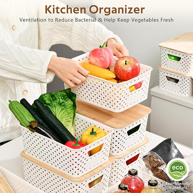 8 Pack Plastic Storage Bins with Bamboo Lids - Stackable Storage Baskets with Handle for Pantry Organizer and Storage, Plastic Containers Bins for Kitchen Bathroom Classroom Office Shelves