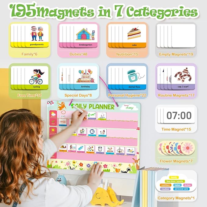 Daily Planner for Kids - Magnetic Behavior Board Calendar with 195 Magnets, Storage Bag, Cord & Pen - Daily Routine and Chore Chart - Visual Schedule for Kids 3+ Year Old (Animal Theme)