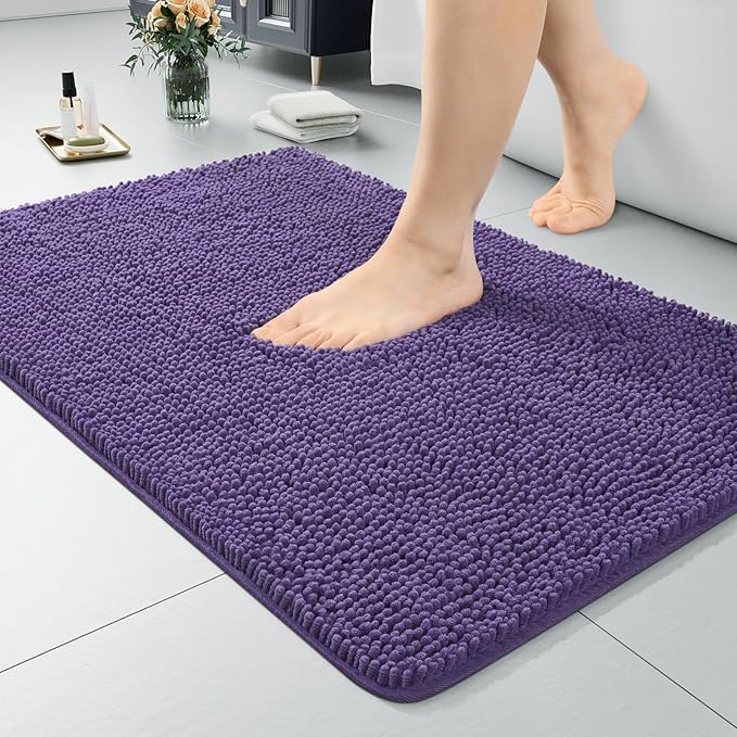 LOCHAS Luxury Bathroom Rug Shaggy Bath Mat 24 x 36 Inch, Washable Non Slip Bath Rugs for Bathroom Shower, Soft Plush Chenille Absorbent Carpets Mats, Dark Purple
