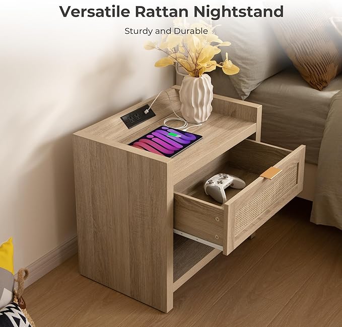 SICOTAS Rattan Nightstands Set of 2 Bedside Table - Boho Night Stand with Type-C Charging Station, Wicker Decor Drawer Storage End Table Night Stands for Bedroom - Light Oak