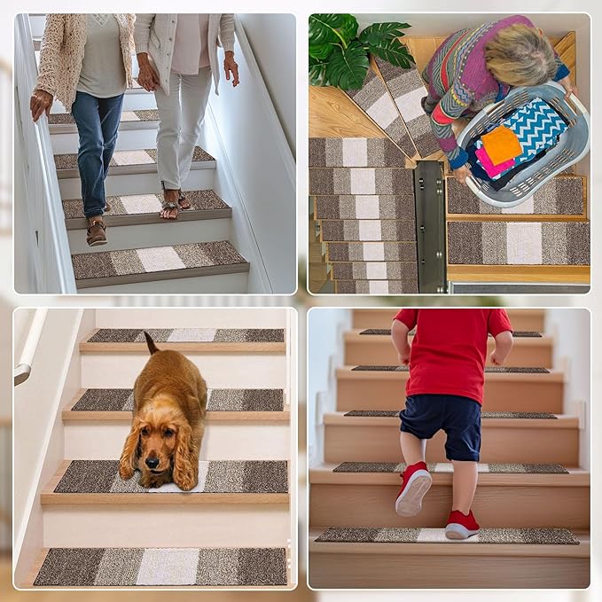 OLANLY Stair Treads Non Slip 15PCS, 8" x 30" Indoor Stair Runners for Wooden Steps, Edging Stair Rugs with Reusable Peel and Stick Adhesive for Kids Elders and Pets, Light Brown