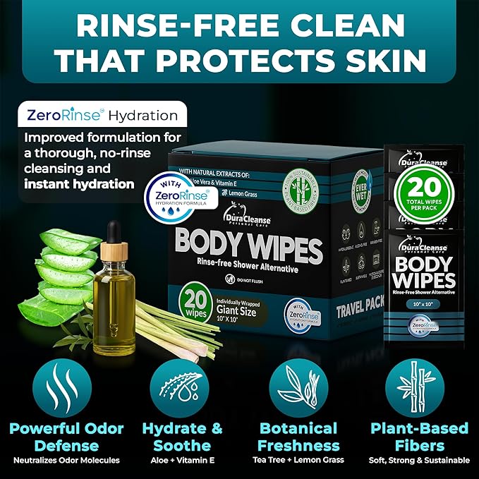 Dura Cleanse Travel Body Wipes -Maximum Cleaning Power (Ultra Clean) - 20 Count, XL 10”x10” Individually Wrapped No-Rinse Shower Wipes for Men & Adults, Gym, Work, Camping & Travel