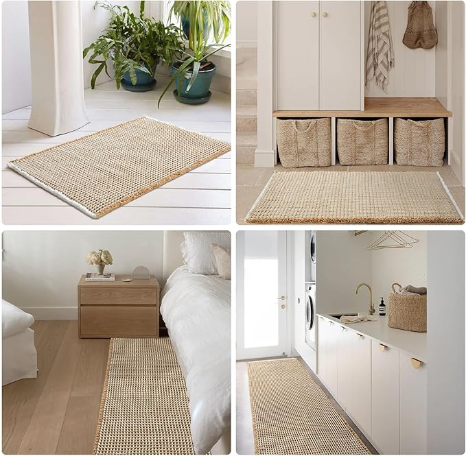 Waffle Bath Mat, Boho Bathroom Rugs Non Slip Washable Super Absorbent Quick Dry Bath Mat Farmhouse Bathroom Decor, 24"x16" Khaki and White