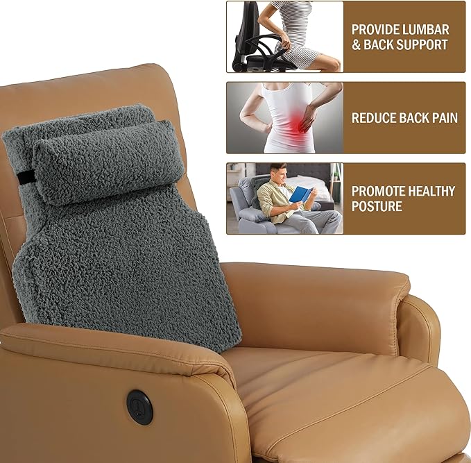 HOMBYS Sherpa Fleece Lumbar Support Pillow with Headrest for Recliner,Memory Foam Recliner Chair Cushion for Back Pain,Big High Back Support for Recliner with Chair Headrest for Elderly (Grey)