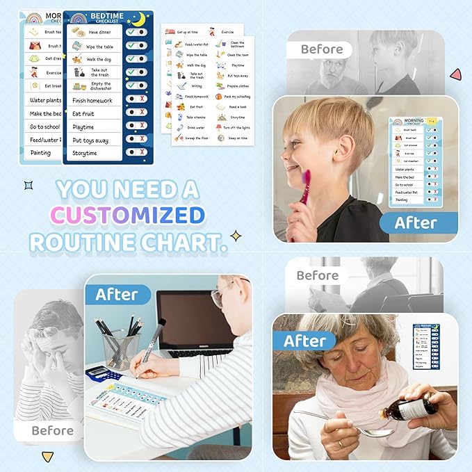 Chore Chart for Kids: Dry Erase Visual Schedule, Magnetic Bedtime/Morning Routine Chart - Toddler Chore Board, Checklist, To Do List for Kids (1 morning checklist, 1 bedtime checklist)