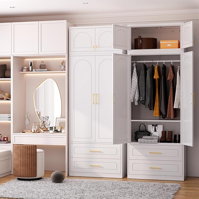Metal Armoire Wardrobe Cabinet, 86" Tall Wardrobe Closet with Doors, White Clothing Storage Cabinet with Hanging Rod, Large Armoire for Bedroom, Office, School, Gym
