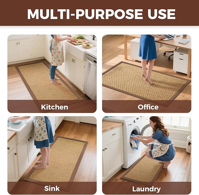 Kitchen Rugs Mat Non Slip Washable, 0.4" Thick Anti Fatigue Cushioned Kitchen Mats for Floor, Absorbent Jute-Look Kitchen Runner Rug Sink Mat Laundry Standing Mats, Easy Clean, Brown 17"x47"