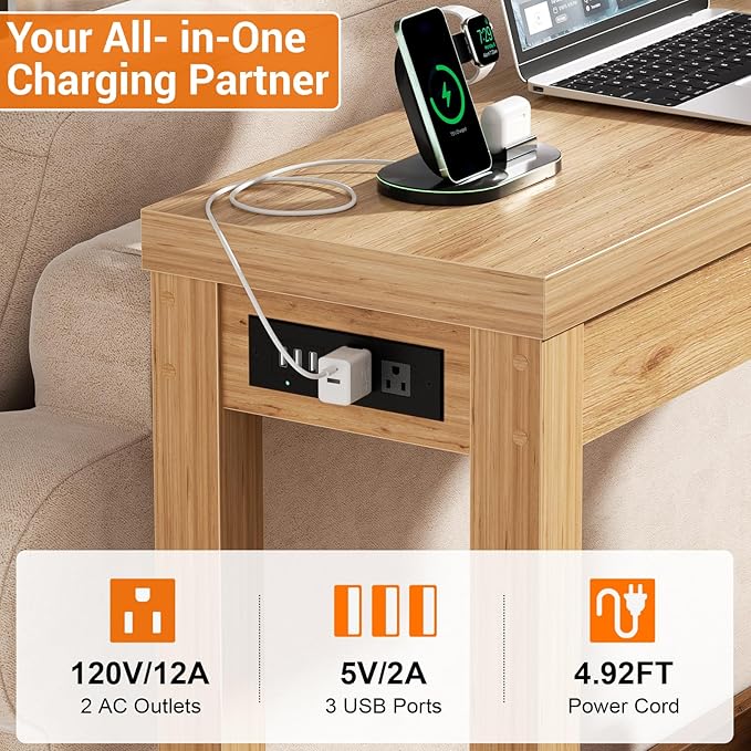 Cyclysio 63" Console Tables for Entryway, Long Console Tables for Living Room, Behind Couch Table, Sturdy Wood Support Farmhouse Entryway Table with 3AC+2USB Charging‌ Station, Natural Oak