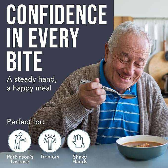 BUNMO Weighted Utensils for Hand Tremors – 4pc Adaptive Utensils for Elderly, Persons w/weak hands – Discreet Travel Wrap, Stainless Steel & Dishwasher Safe – Weighted Silverware Set