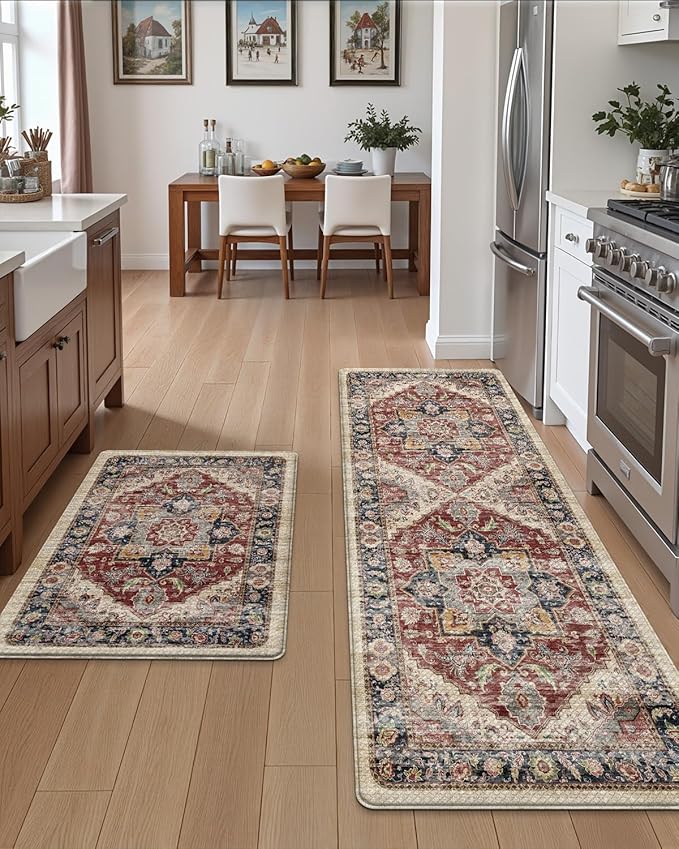 DEXI Kitchen Floor Mats Anti Fatigue, 17x29+17x59 Large Cushioned Runner Rug Waterproof, Standing Comfort Memory Foam Padded for Front Sink Laundry Office Set of 2, Beige and Red