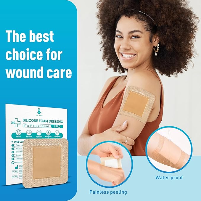 General Medi Waterproof Silicone Foam Island Dressing (10 Packs) – 4" x 4" Sterile Wound Care Pad with Adhesive Border - Sterile, Soft & Highly Absorbent Medical Grade Dressing Pad