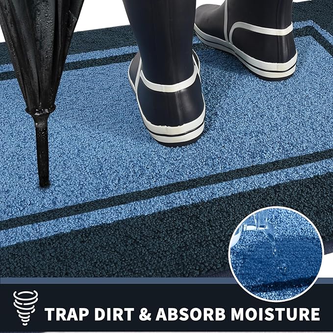 PURRUGS Dirt Trapping Door Mat 34" x 60", Non-Slip/Skid Machine Washable Entryway Rug, Shoes Scraper, Area Rug, Super Absorbent Welcome Mat for Muddy Wet Shoes and Paws, Light Blue & Navy