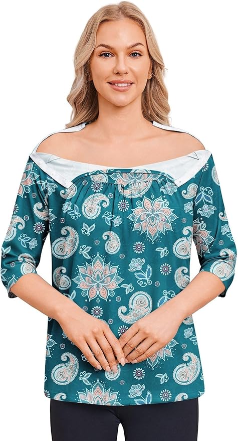 Deyeek Post Shoulder Surgery Shirt for Women Chemo Tear Away Shirt Snap Button 3/4 Sleeve Recovery Adaptive Clothing