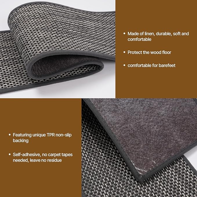 Non Slip Stair Treads for Wooden Stairs, 8" x 30" Staircase Step Treads, 100% Linen, Reusable Adhesive, Indoor, for Kids, Seniors & Dogs (Black, 15pcs)