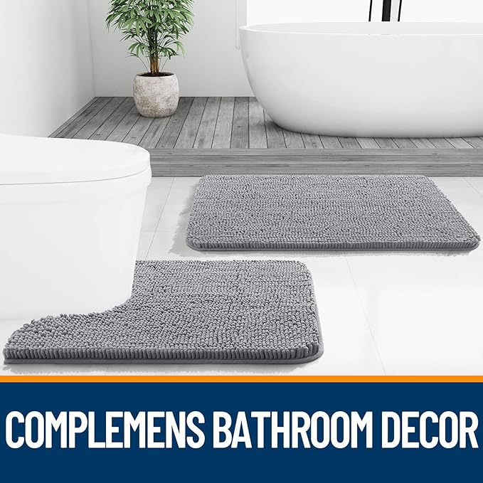OLANLY Bathroom Rugs 30x18, Extra Soft Absorbent Chenille Bath Rugs, Rubber Backing Quick Dry, Machine Washable Bath Mats for Bathroom Floor, Tub and Shower, Home Decor Accessories, Grey
