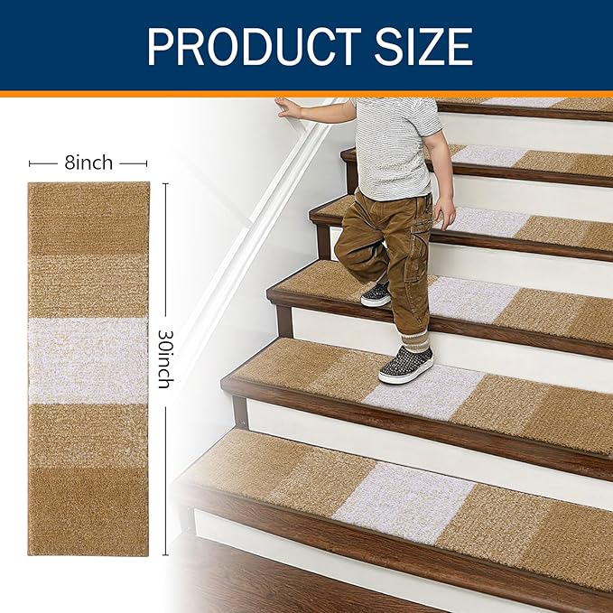 OLANLY Stair Treads Non Slip 15PCS, 8" x 30" Indoor Stair Runners for Wooden Steps, Edging Stair Rugs with Reusable Peel and Stick Adhesive for Kids Elders and Pets, Camel