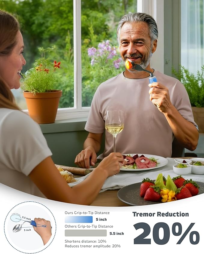 4-Piece Adaptive Utensils Set - 42°Angled Parkinsons Utensils, Weighted Utensils for Tremors and Parkinsons Patients, Blue (Left-Handed)