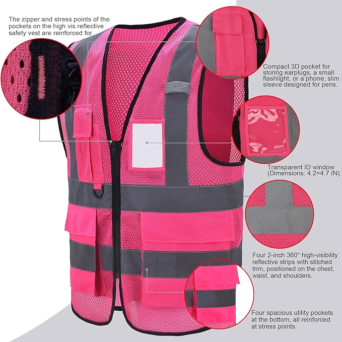 High Vis Safety Vest Reflective Strips, Multi-Pocket Design, Available in Yellow,Orange,black,Pink,blue,Red,purple