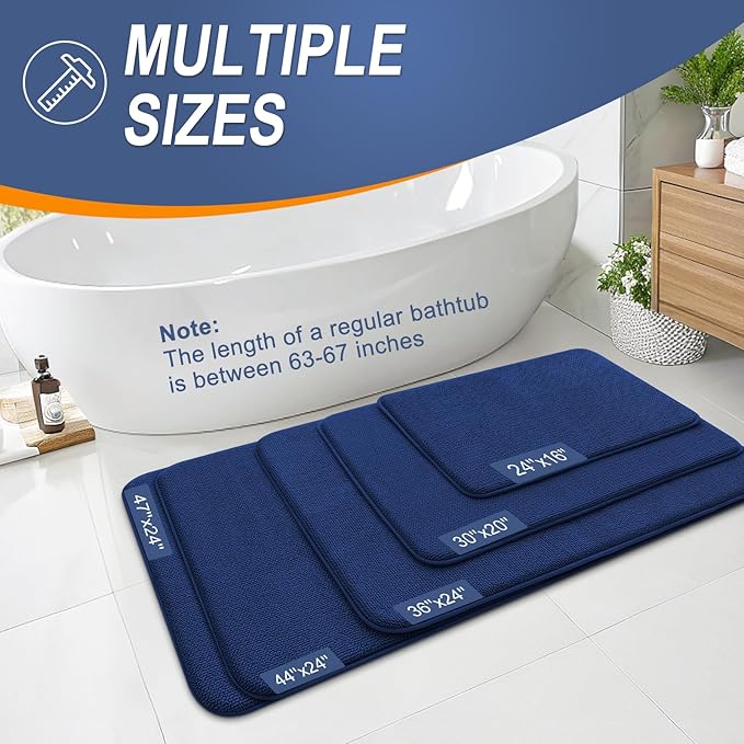 OLANLY Thick Memory Foam Bath Mat Rug 47x20, Extra Soft Absorbent Bathroom Rug, Quick Dry Bath Mats, Non-Slip, Machine Washable Carpet for Bathroom, Tub and Shower, Home Decor Accessories, Navy