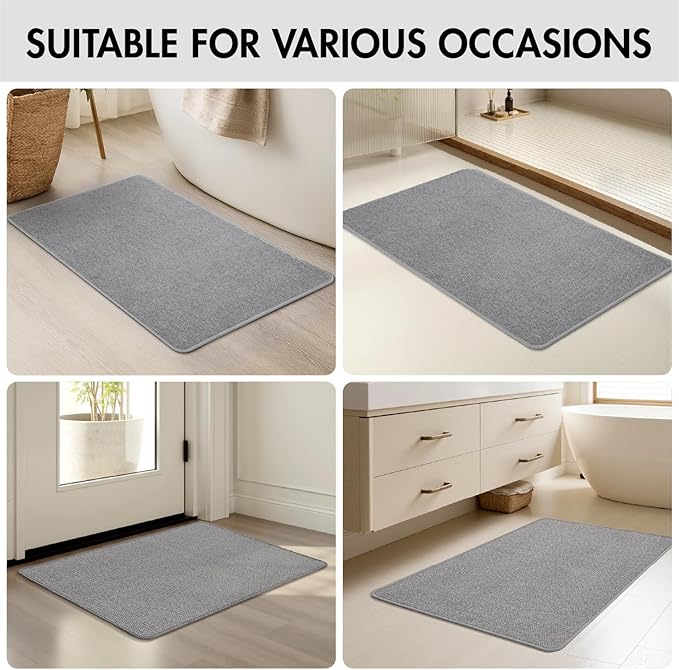 MIULEE Set of 2 Ultra Thin Bathroom Rugs, Rubber Bath Mats for Bathroom Non Slip, Quick Dry Absorbent Bath Rug Machine Washable, Fit Under Door, Shower, Sink, Home Decor, Grey, 17x27 Inch
