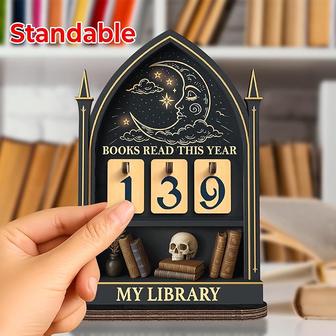 Books Read This Year Counter, Fantasy Book Tracker Sign for Home Library Decor, Bookworm Gift for Women, Teachers, Writers, Gothic Readers, Bookshelf Accessories with Book Suncatcher Ornament FF815
