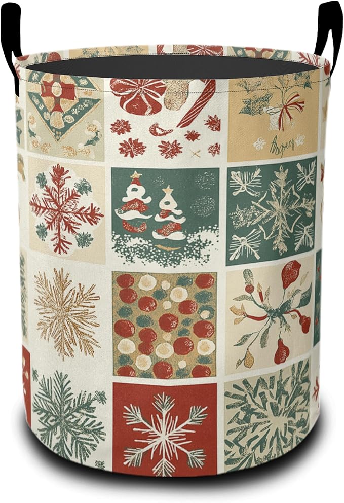 Christmas Laundry Basket-Large Foldable Hamper Holder Portable Tall Collapsible Laundry Hamper Storage Basket Bin with Handles, Canvas & Waterproof lining for Household Items
