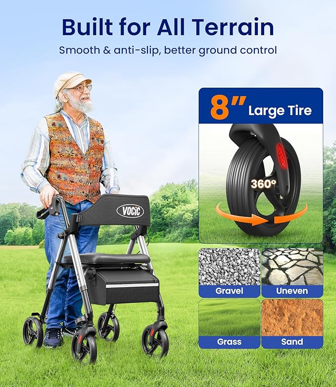 VOCIC Walkers for Seniors, Z21 Rollator Walker with Seat Supports 350lb, 8" Big Wheels for All Terrain, Ergonomic Arc Seat & 6" Ultra Backrest Foldable Walker, Dual Height Adjustment, Lightweight 2025