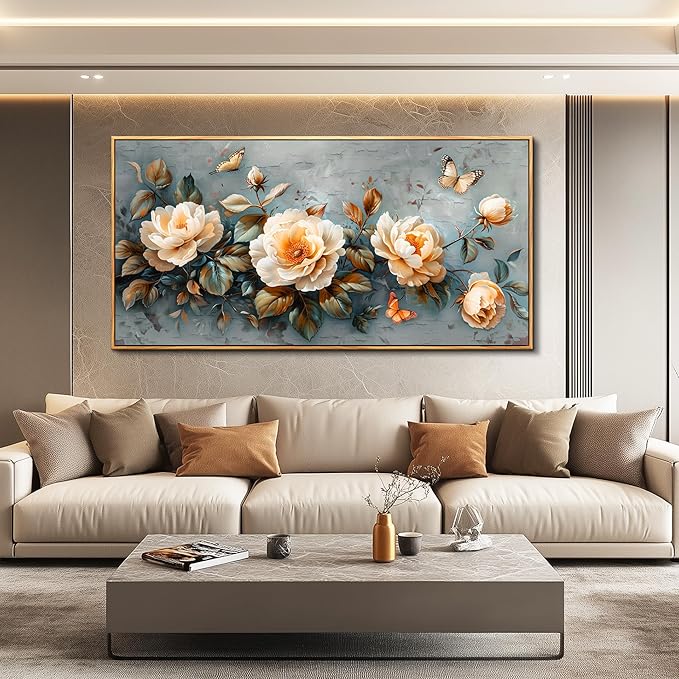PHAOHUAXM Large Canvas Wall Art For Living Room Wall Decoration For Bedroom White Ink-Wash Flower Paintings Office Restaurant Corridor Mural Printing Artwork Home Decor Aesthetics Wood Frame 30"X60"