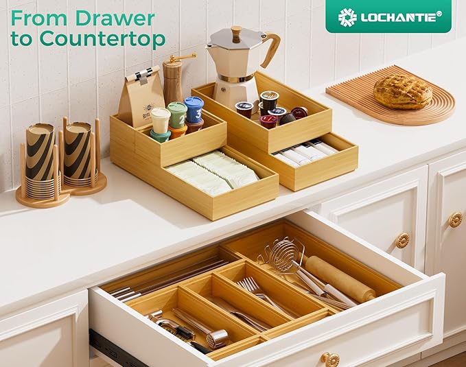 Bamboo Kitchen Drawer Organizer Boxes – 9" x 3" Stackable Wood Silverware Utensil Tray for Drawers Bins, Cutlery & Flatware Storage – Wooden Organizers Set of 2 for Junk Drawer, Bathroom, RV