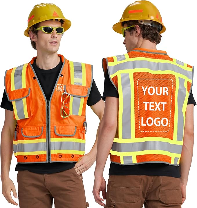 AYKRM Heavy Woven cotton High Vis Reflective work construction safety vest for men Class 2 with ipad Cargo Pockets