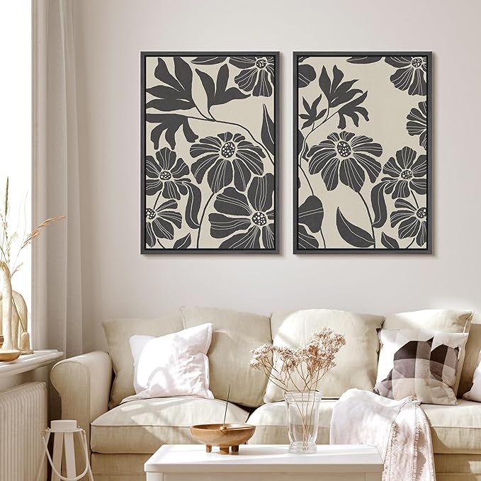 MUDECOR Framed Canvas Print Wall Art Monochrome Floral Botanical Black and White Illustrations Modern Art Decorative Bohemian Colorful Chic for Living Room, Bedroom, Office - 24"x36"x2 Black
