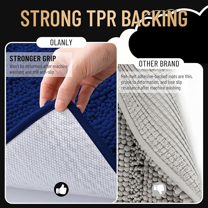 OLANLY Thick Bathroom Rugs 44x24, Extra Soft Absorbent Chenille Striped Bath Rugs, Rubber Backing, Machine Wash Dry, Bath Mats for Bathroom Floor, Tub and Shower, Home Decor Accessories, Navy