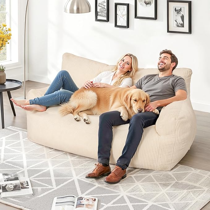 59" Bean Bag Chair,2 Seat Loveseat Sofa,Corduroy Lazy Sofa Bed for Adults,Fit Living Room, Bedroom,Outdoor Spaces,Ultra Soft Dutch Velvet,Fluffy Comfort Washable Cover,72h Rebound,White