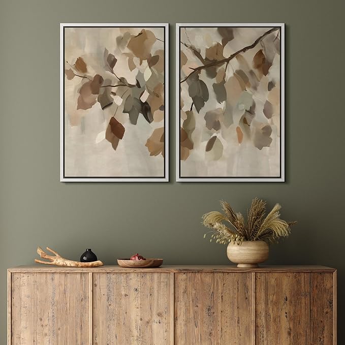 MUDECOR Framed Canvas Print Wall Art Set Abstract Leaf Branch Minimalist Nature-Inspired Beige and Brown Calm/Zen for Living Room, Bedroom, Office - 16"x24"x2 White