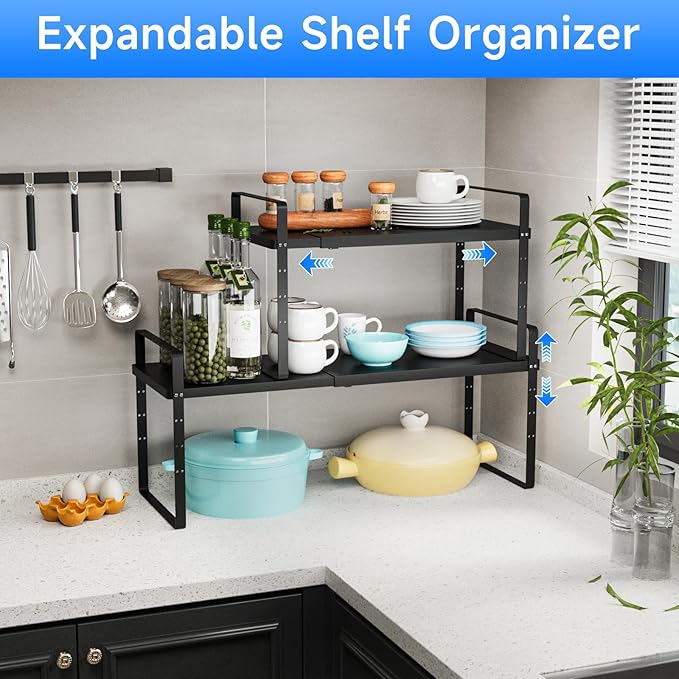 Expandable Cabinet Shelf Organizer, Stackable Kitchen Pantry Counter Storage, Adjustable Closet Cupboard Stand Rack Risers Spice Organization, 80LBS Heavy Duty, Black 3 Pack