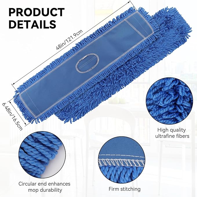 Commercial 48 Inch Dust Mop Head: Replacement Heavy-Duty Sweeper and Janitorial Industrial Dust Mop Head for Floor Cleaning, Office, School, Restaurant, Hospital (3 Pack - Blue)