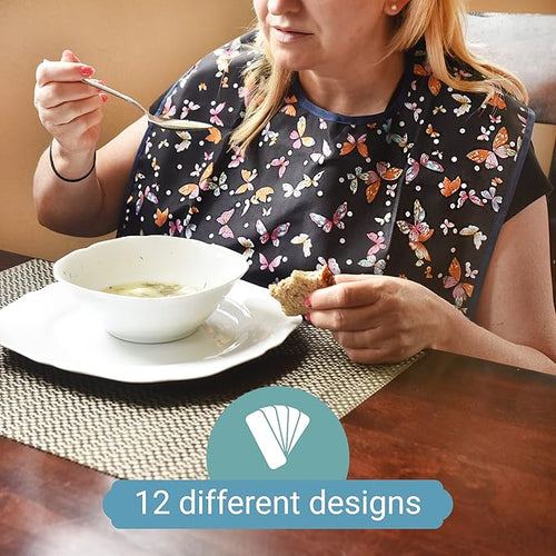 12 Pack Adult Bibs with Crumb Catcher - Waterproof and Reusable Clothing Protectors for Elderly, Seniors and Disabled